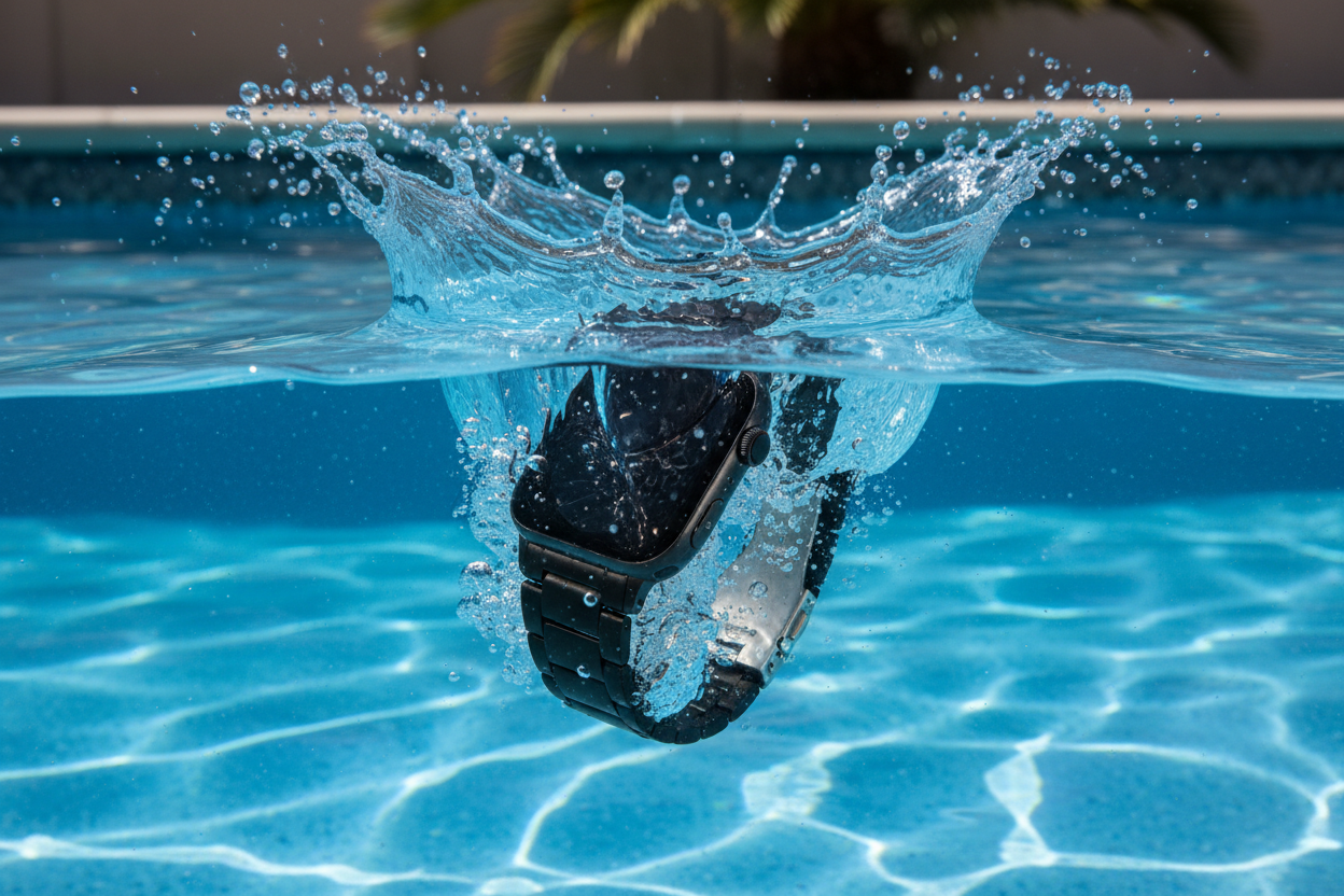 create a square sized realistic image of a smart watch falling into swimming pool
