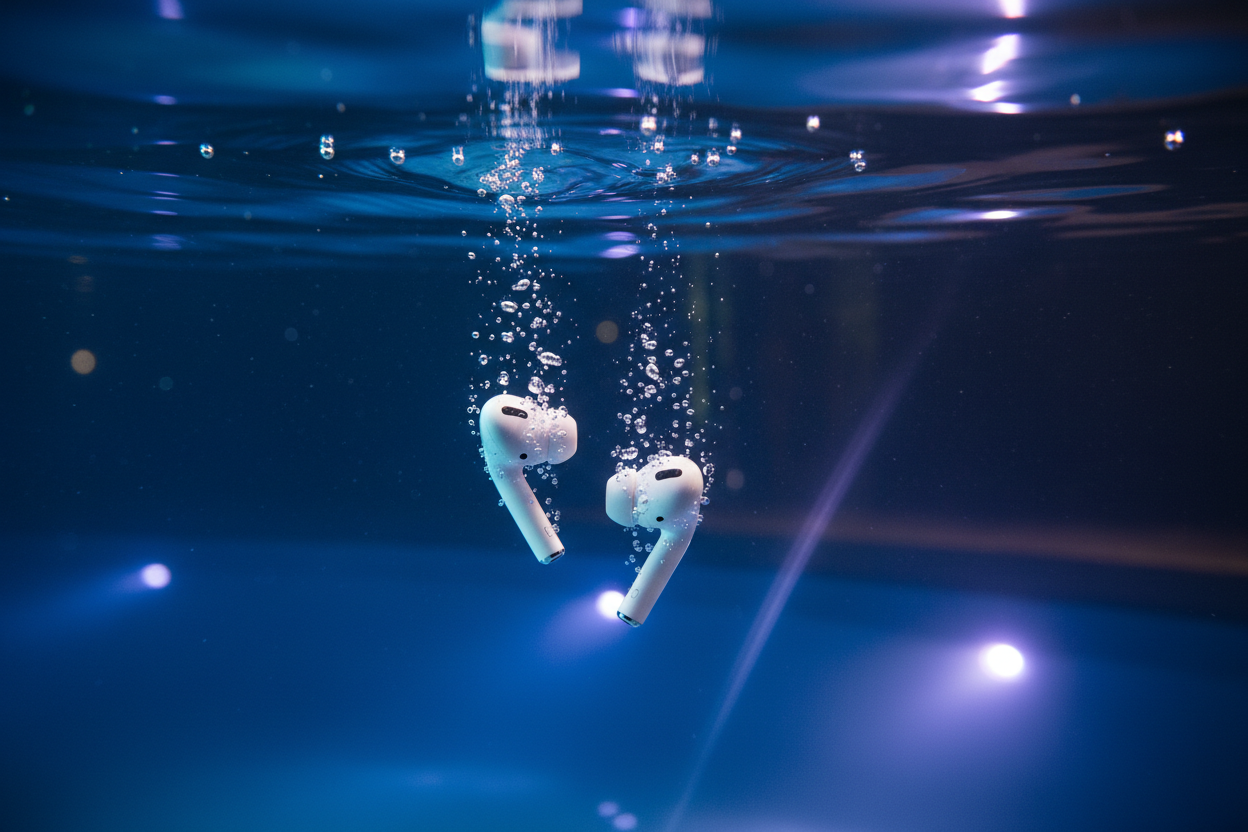 realistic image of airpods pro 2 sinking in blue water of swimming pool at night